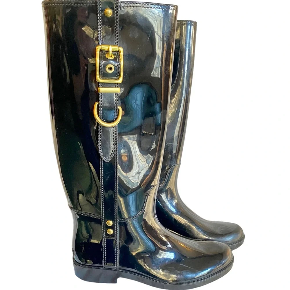 Coach Black Rubber Boots Gold Buckle Knee High 9 Concert classic‎ statment